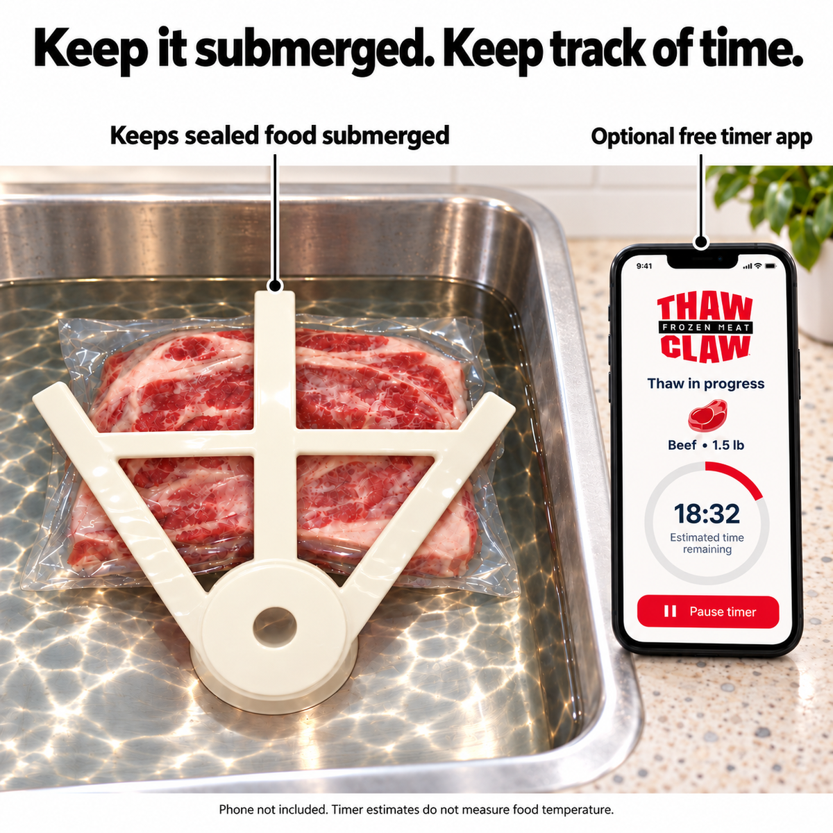 Usage illustration of Thaw Claw holding a sealed bag of meat under water in a sink