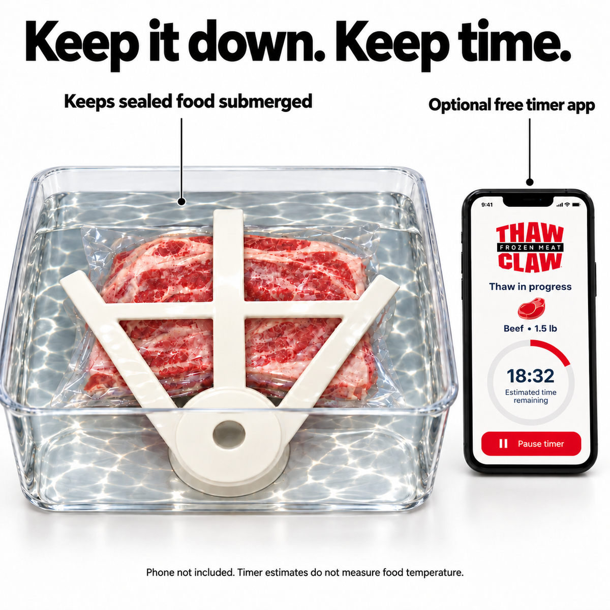 Usage illustration of Thaw Claw holding sealed food submerged in a suitable container